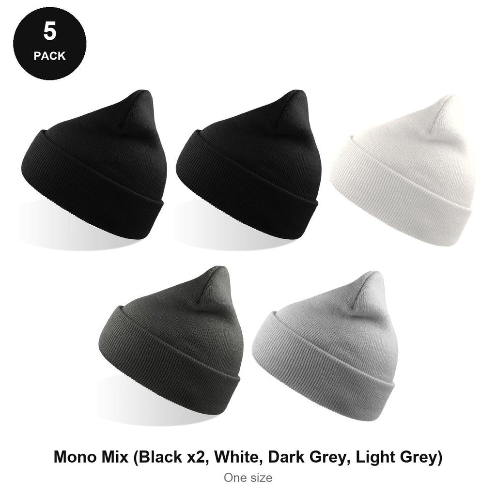 Beanie Hats 5 Pack - 100% recycled polyester knit, One Size - Mono Mix (Black x2, White, Dark Grey, Light Grey)