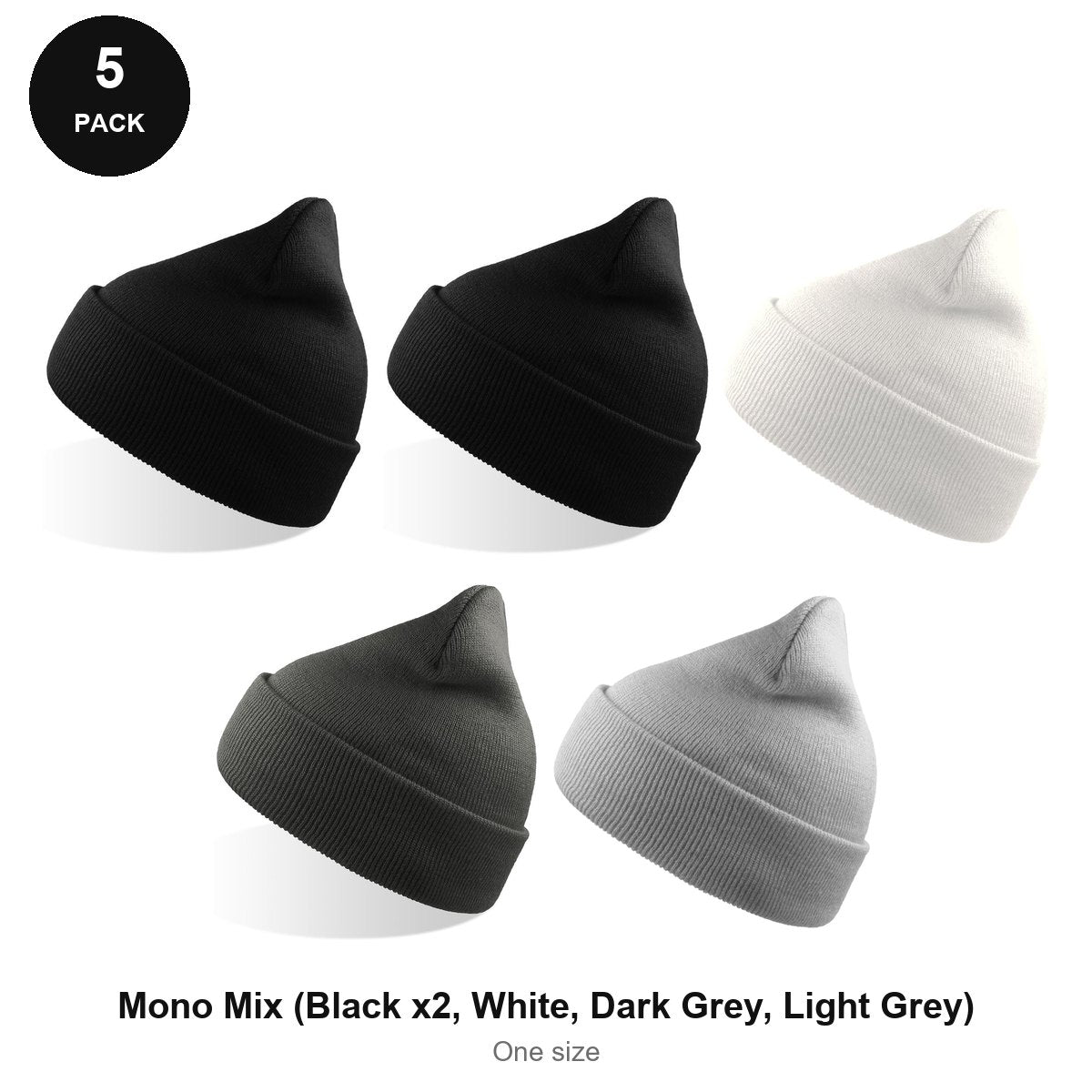 Beanie Hats 5 Pack - 100% recycled polyester knit, One Size - Mono Mix (Black x2, White, Dark Grey, Light Grey)