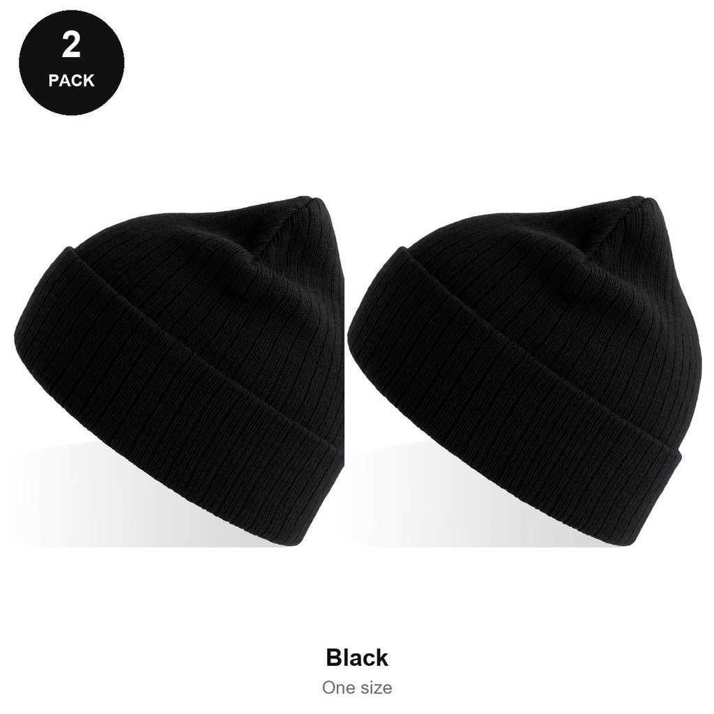 Rib Knit Beanies 2 Pack - 100% recycled polyester knit, One Size - Black