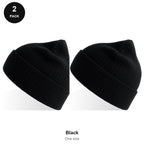 Rib Knit Beanies 2 Pack - 100% recycled polyester knit, One Size - Black