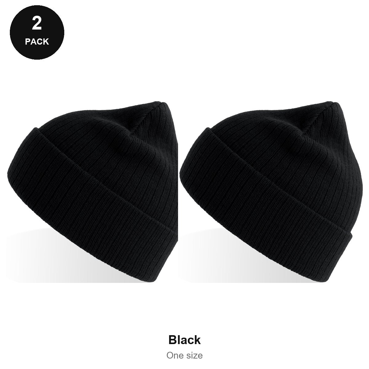 Rib Knit Beanies 2 Pack - 100% recycled polyester knit, One Size - Black