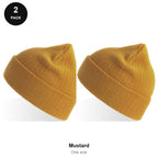 Rib Knit Beanies 2 Pack - 100% recycled polyester knit, One Size - Mustard