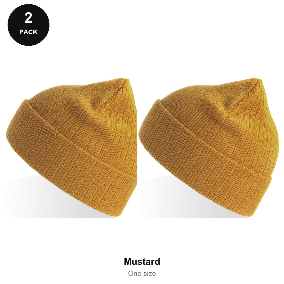 Rib Knit Beanies 2 Pack - 100% recycled polyester knit, One Size - Mustard