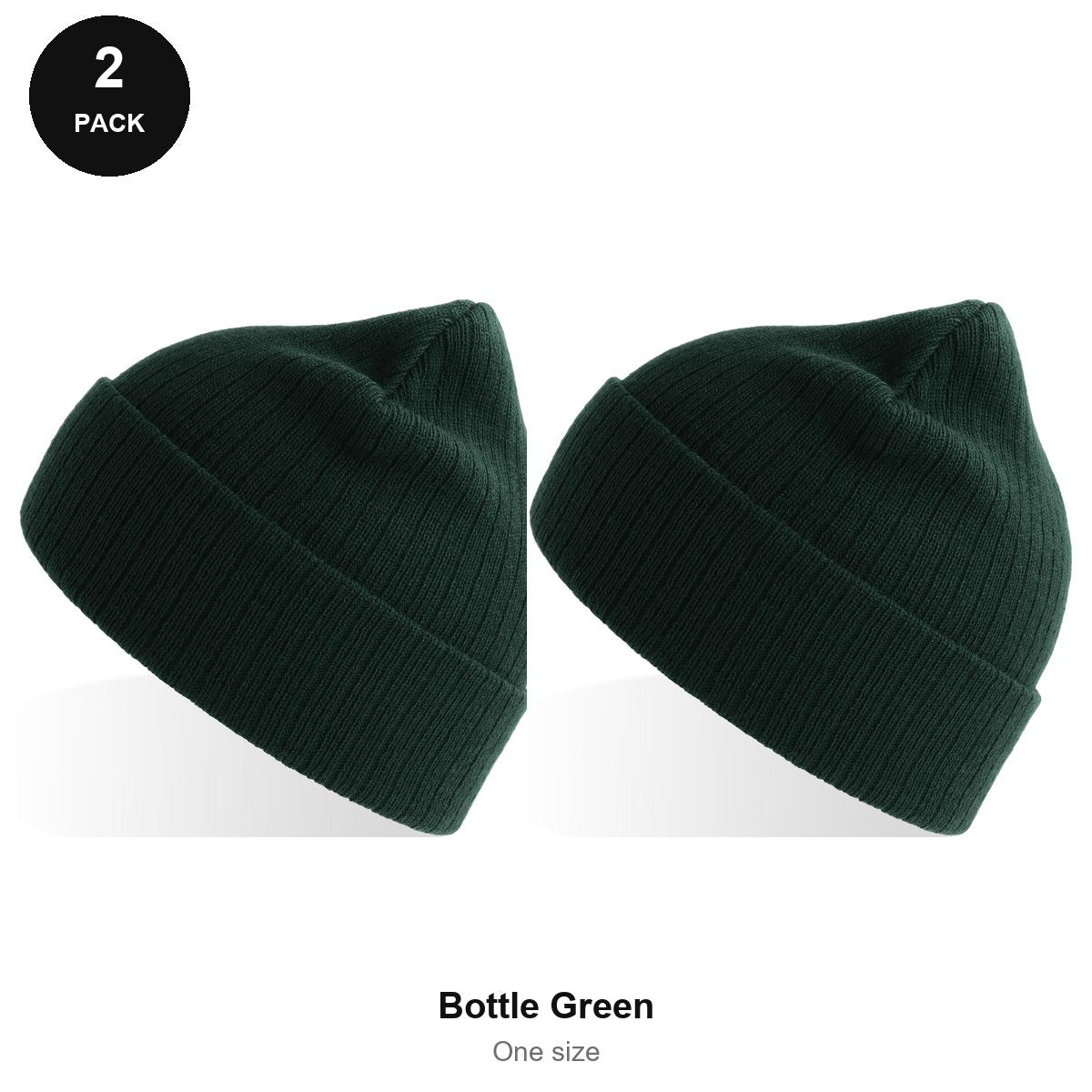 Rib Knit Beanies 2 Pack - 100% recycled polyester knit, One Size - Bottle Green