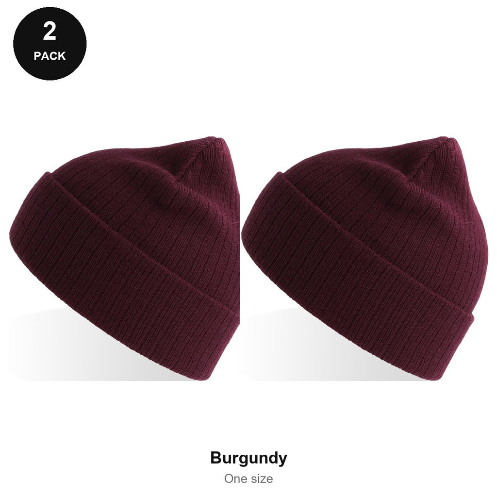 Rib Knit Beanies 2 Pack - 100% recycled polyester knit, One Size - Burgundy