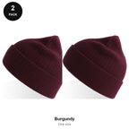 Rib Knit Beanies 2 Pack - 100% recycled polyester knit, One Size - Burgundy