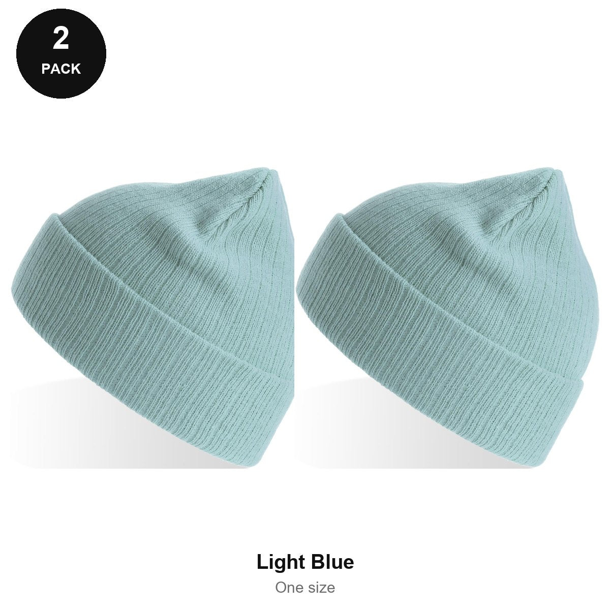 Rib Knit Beanies 2 Pack - 100% recycled polyester knit, One Size - Light Blue