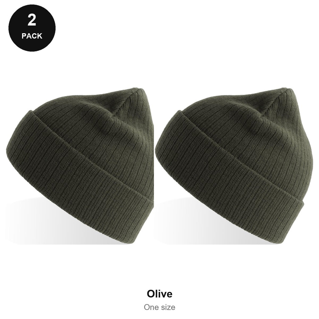 Rib Knit Beanies 2 Pack - 100% recycled polyester knit, One Size - Olive