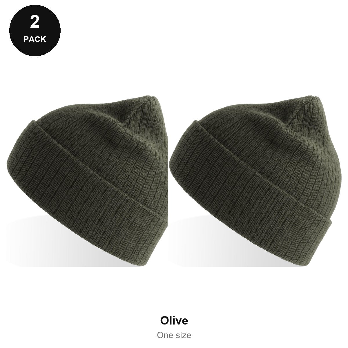 Rib Knit Beanies 2 Pack - 100% recycled polyester knit, One Size - Olive