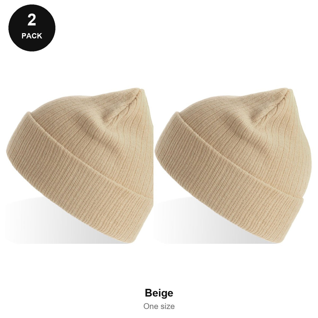 Rib Knit Beanies 2 Pack - 100% recycled polyester knit, One Size - Beige