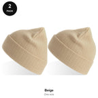 Rib Knit Beanies 2 Pack - 100% recycled polyester knit, One Size - Beige