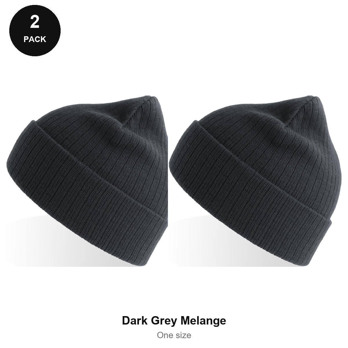 Rib Knit Beanies 2 Pack - 100% recycled polyester knit, One Size - Dark Grey Melange