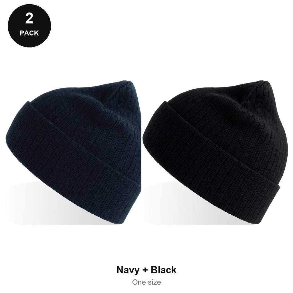Rib Knit Beanies 2 Pack - 100% recycled polyester knit, One Size - Navy + Black
