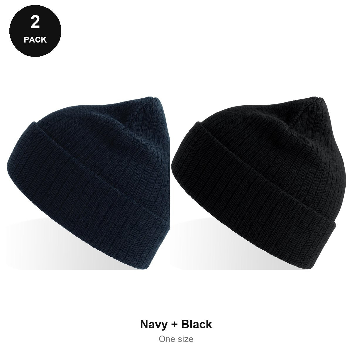 Rib Knit Beanies 2 Pack - 100% recycled polyester knit, One Size - Navy + Black