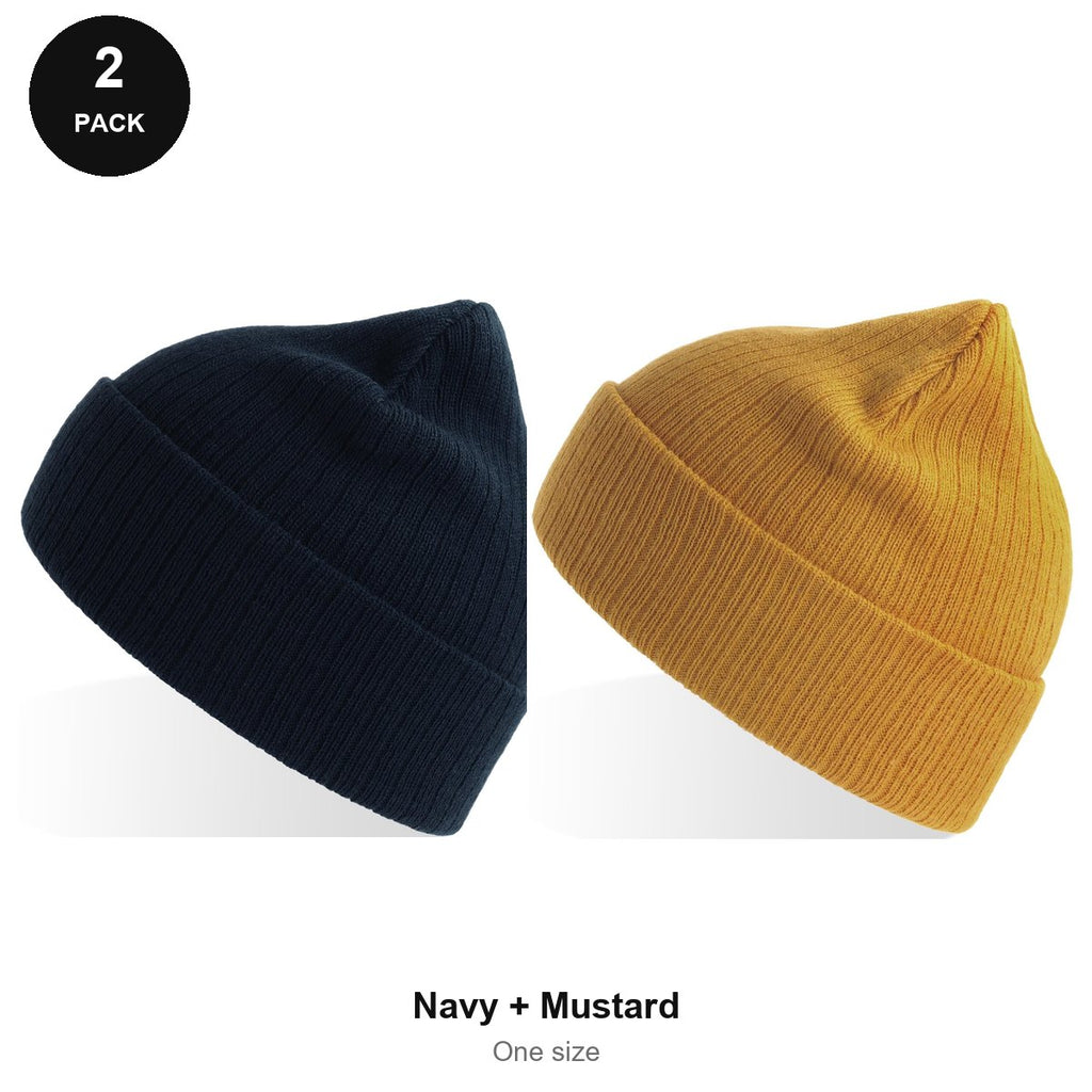 Rib Knit Beanies 2 Pack - 100% recycled polyester knit, One Size - Navy + Mustard