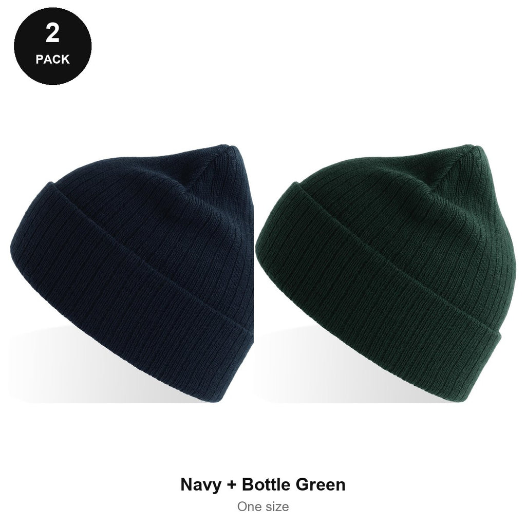 Rib Knit Beanies 2 Pack - 100% recycled polyester knit, One Size - Navy + Bottle Green