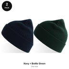 Rib Knit Beanies 2 Pack - 100% recycled polyester knit, One Size - Navy + Bottle Green