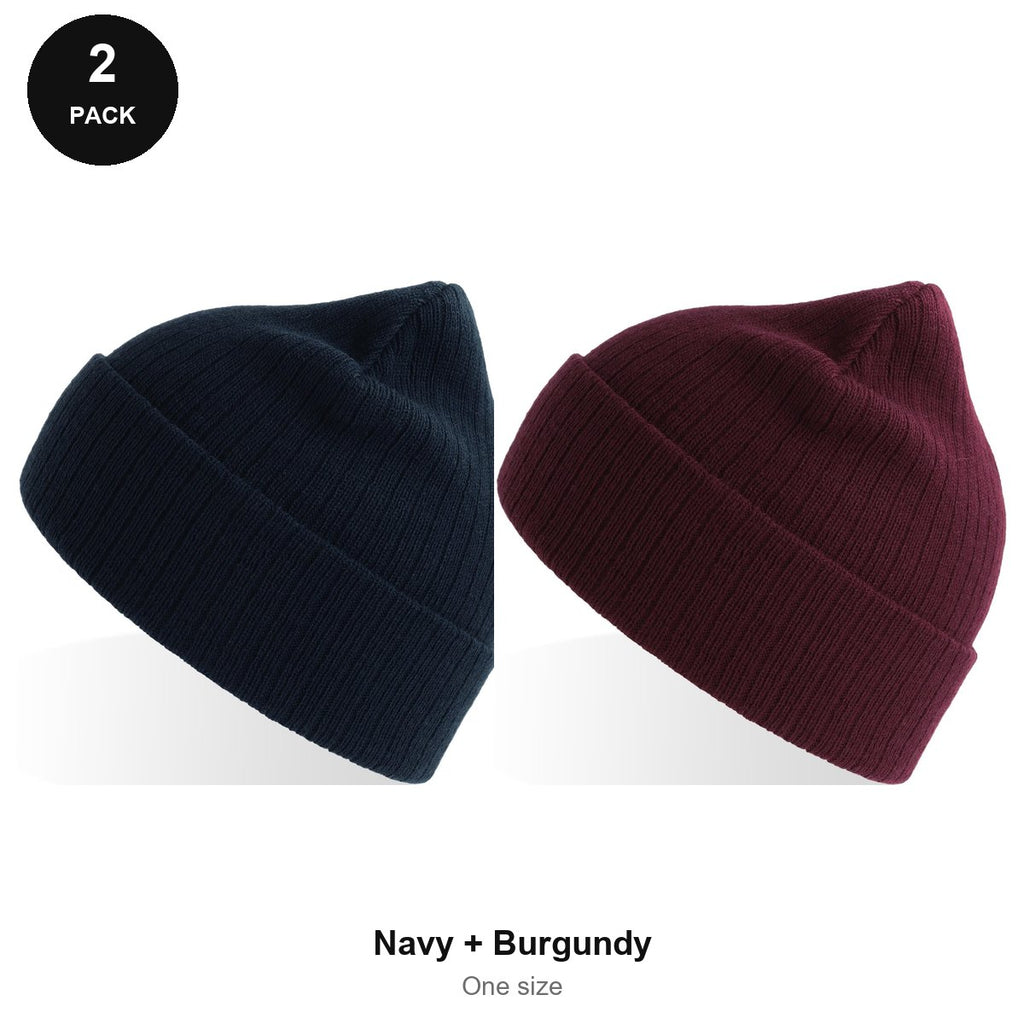 Rib Knit Beanies 2 Pack - 100% recycled polyester knit, One Size - Navy + Burgundy