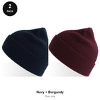 Rib Knit Beanies 2 Pack - 100% recycled polyester knit, One Size - Navy + Burgundy
