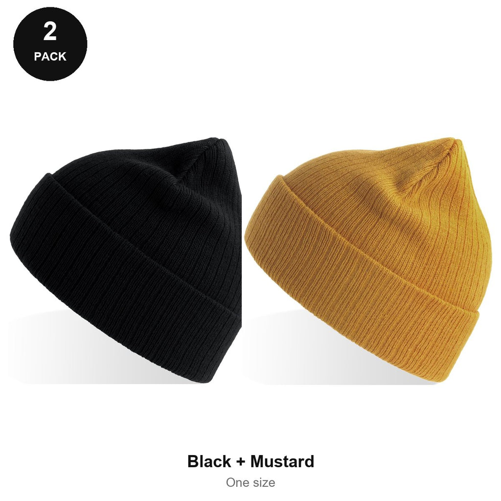 Rib Knit Beanies 2 Pack - 100% recycled polyester knit, One Size - Black + Mustard