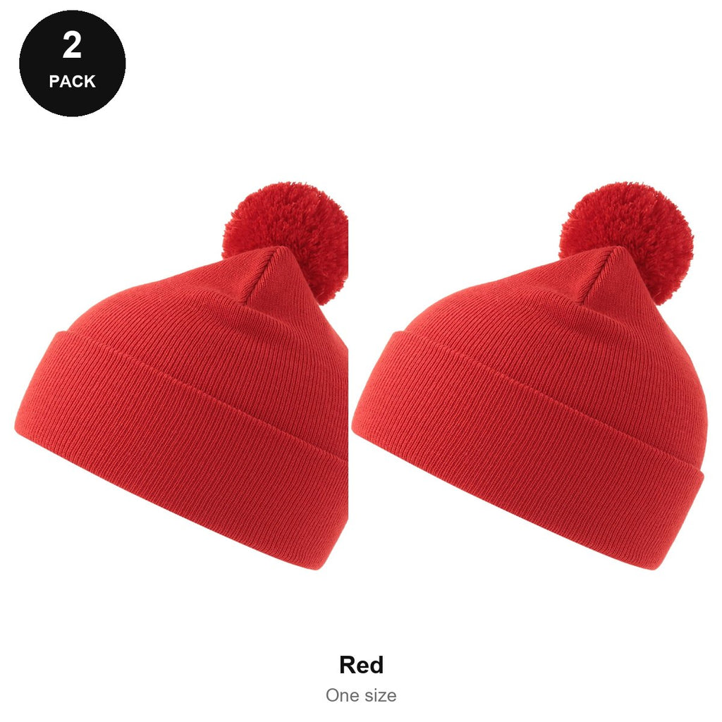 Pompom Beanies 2 Pack - 100% recycled polyester knit, One Size - Red