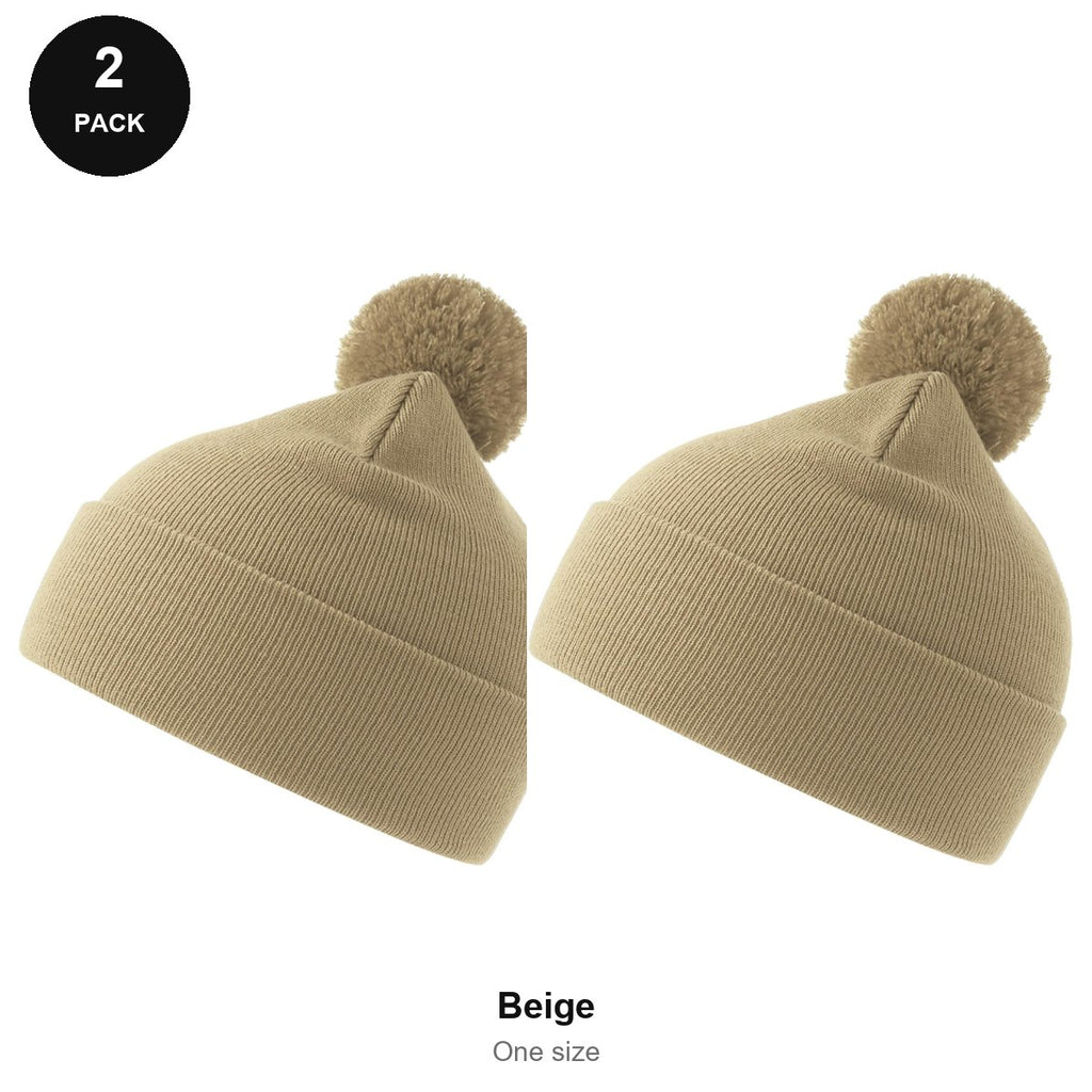 Pompom Beanies 2 Pack - 100% recycled polyester knit, One Size - Beige