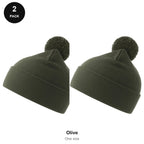 Pompom Beanies 2 Pack - 100% recycled polyester knit, One Size - Olive