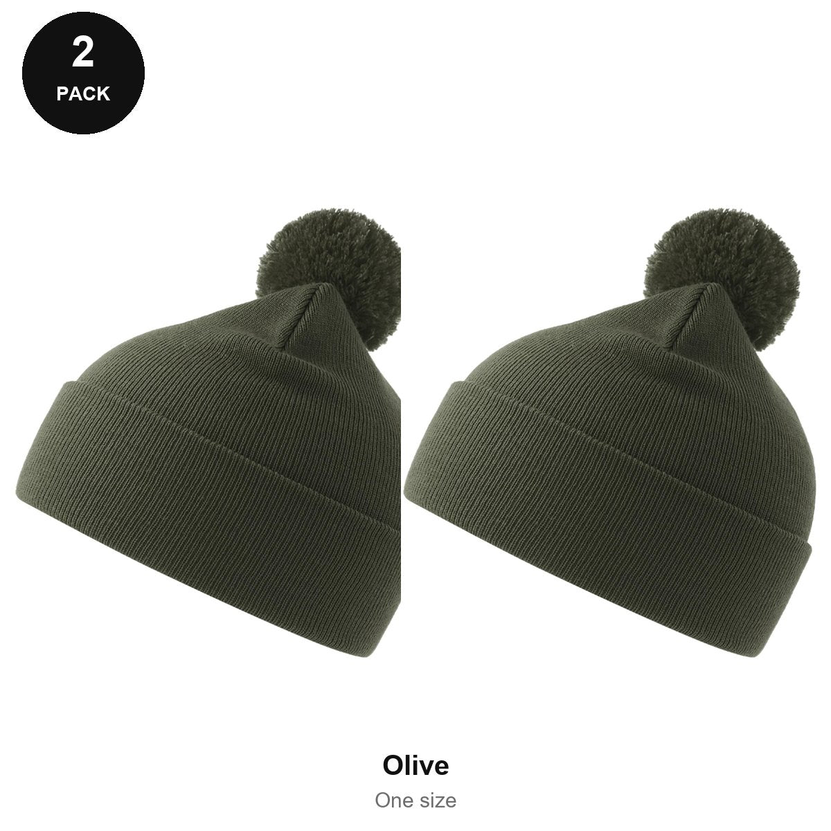 Pompom Beanies 2 Pack - 100% recycled polyester knit, One Size - Olive