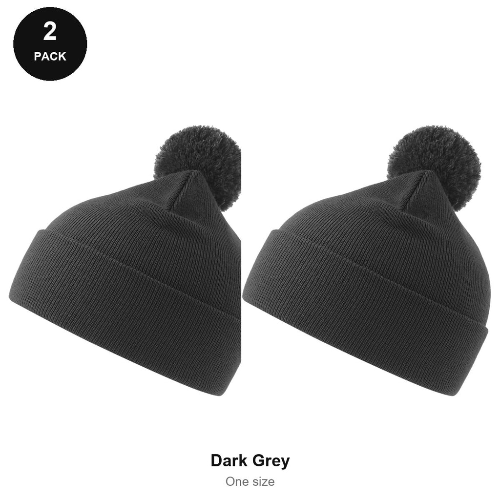 Pompom Beanies 2 Pack - 100% recycled polyester knit, One Size - Dark Grey