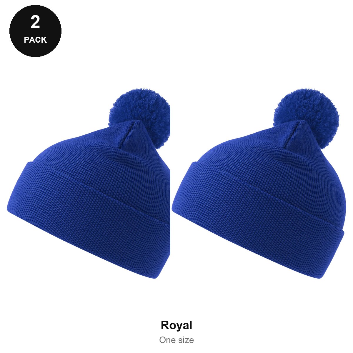 Pompom Beanies 2 Pack - 100% recycled polyester knit, One Size - Royal