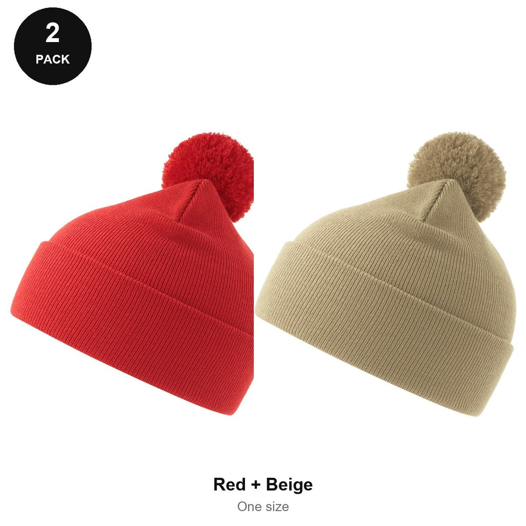 Pompom Beanies 2 Pack - 100% recycled polyester knit, One Size - Red + Beige