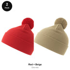 Pompom Beanies 2 Pack - 100% recycled polyester knit, One Size - Red + Beige