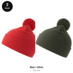 Pompom Beanies 2 Pack - 100% recycled polyester knit, One Size - Red + Olive