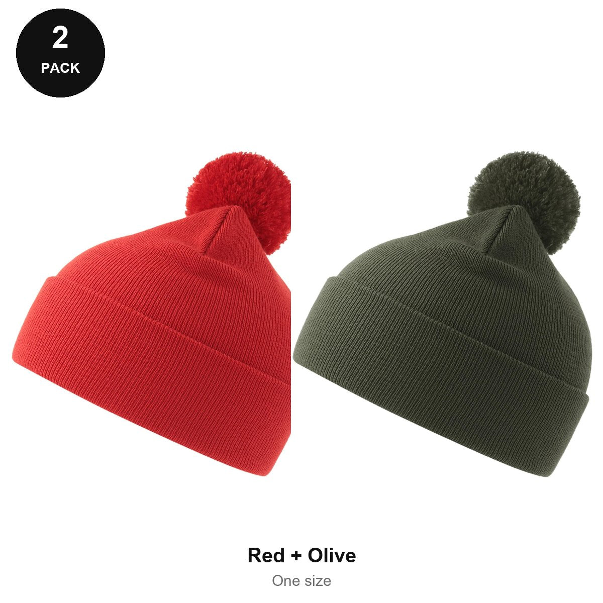 Pompom Beanies 2 Pack - 100% recycled polyester knit, One Size - Red + Olive