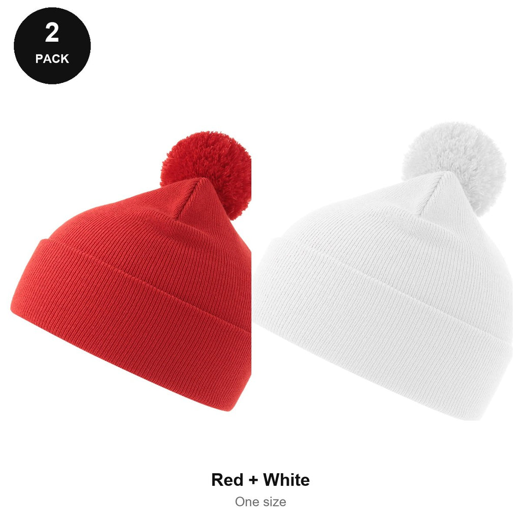 Pompom Beanies 2 Pack - 100% recycled polyester knit, One Size - Red + White