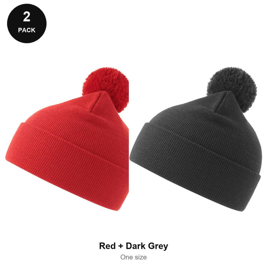 Pompom Beanies 2 Pack - 100% recycled polyester knit, One Size - Red + Dark Grey