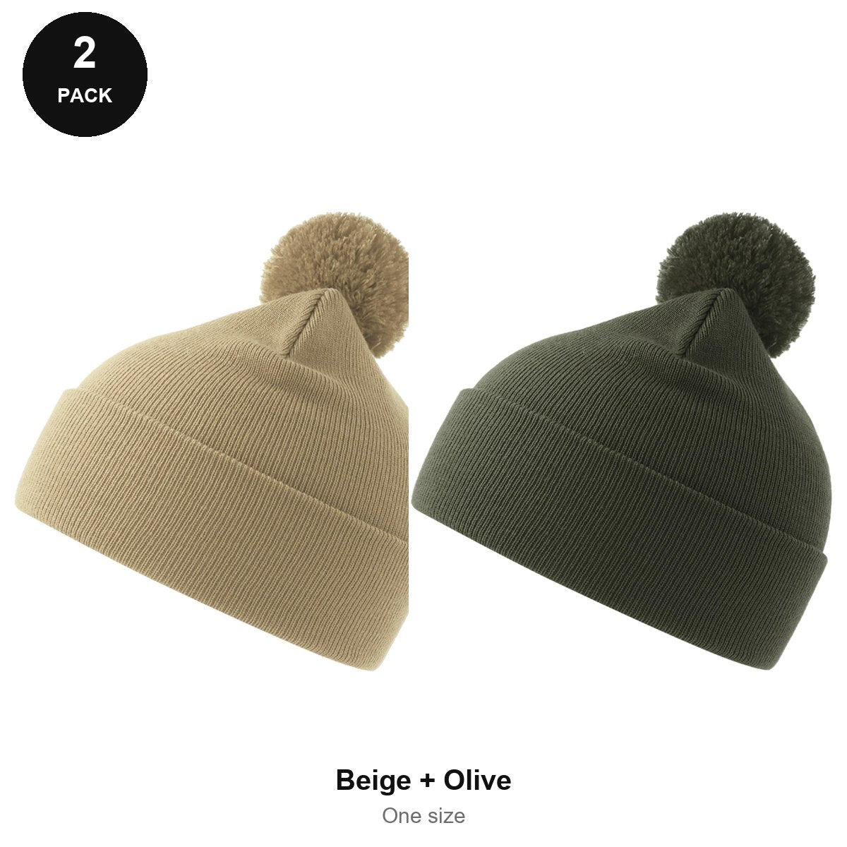 Pompom Beanies 2 Pack - 100% recycled polyester knit, One Size - Beige + Olive