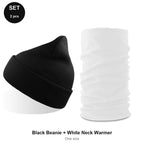 Winter Set - 100% recycled polyester knit, One Size - Black Beanie + White Neck Warmer