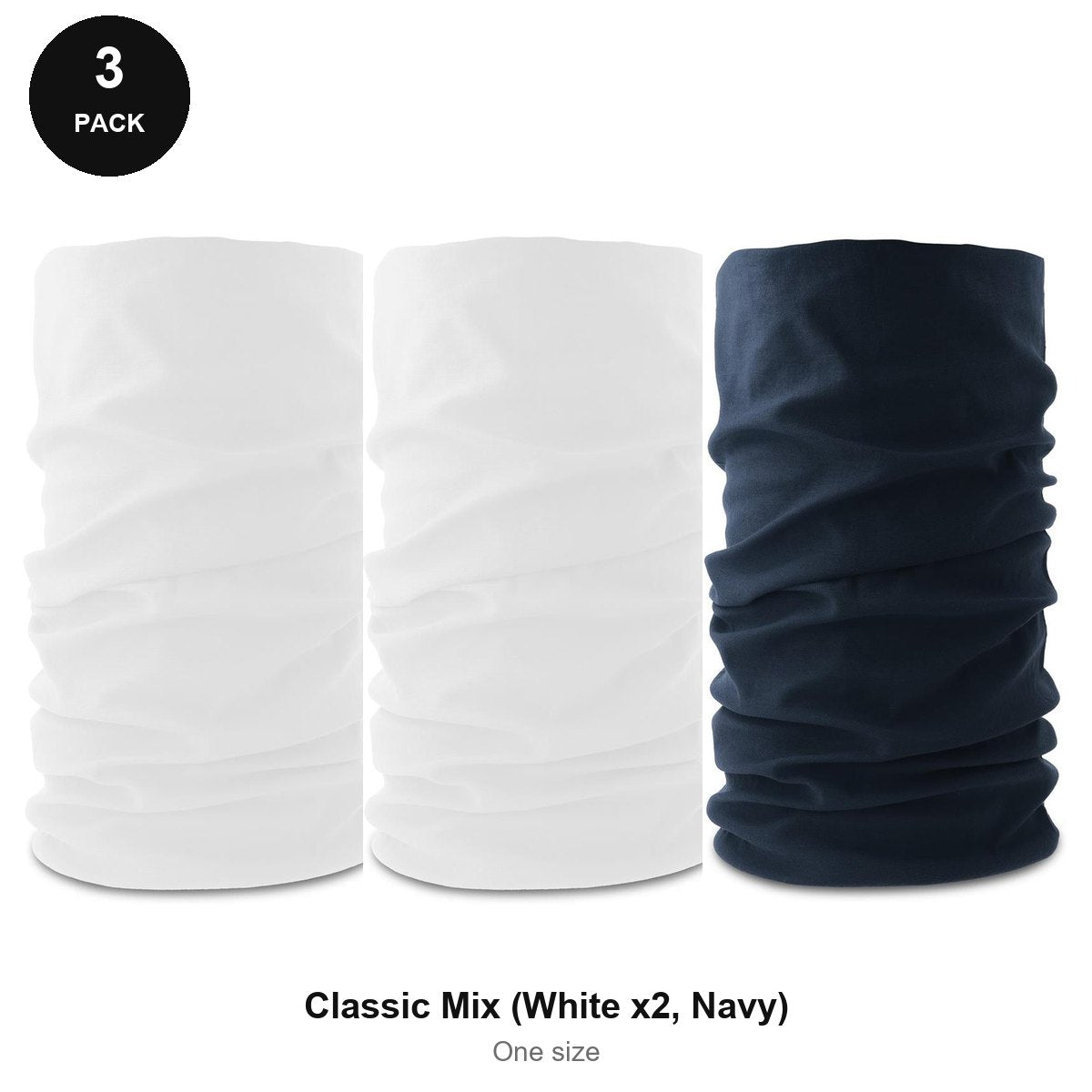 Neck Warmers 3 Pack - 100% recycled polyester, One Size - Classic Mix (White x2, Navy)