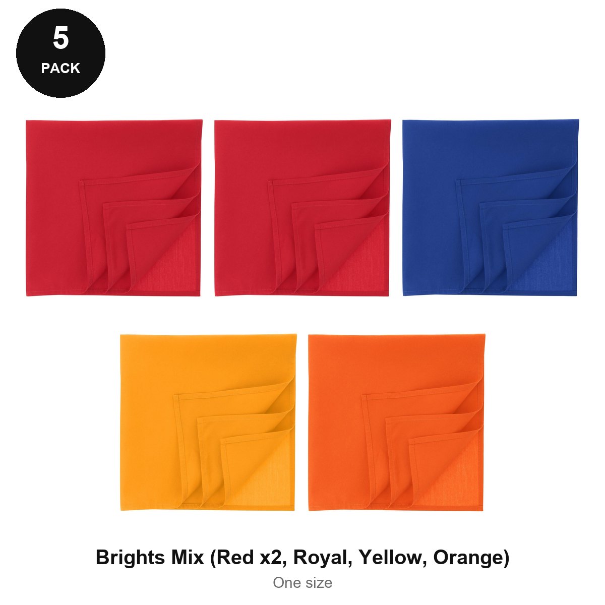 Bandanas 5 Pack - 100% recycled polyester, One Size - Brights Mix (Red x2, Royal, Yellow, Orange)