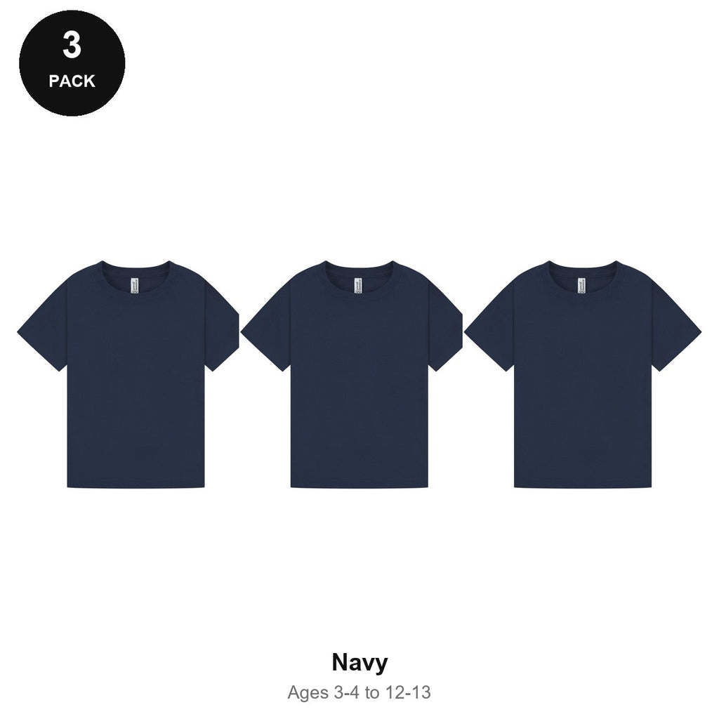 Kids Plain T-Shirts 3 Pack - 100% ringspun cotton 150gsm, Ages 3-13, School & PE - Navy