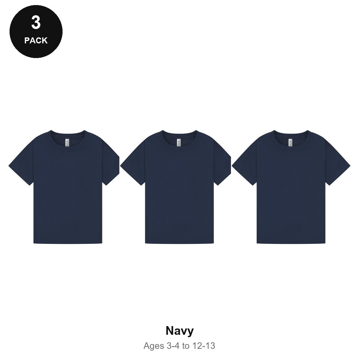 Kids Plain T-Shirts 3 Pack - 100% ringspun cotton 150gsm, Ages 3-13, School & PE - Navy