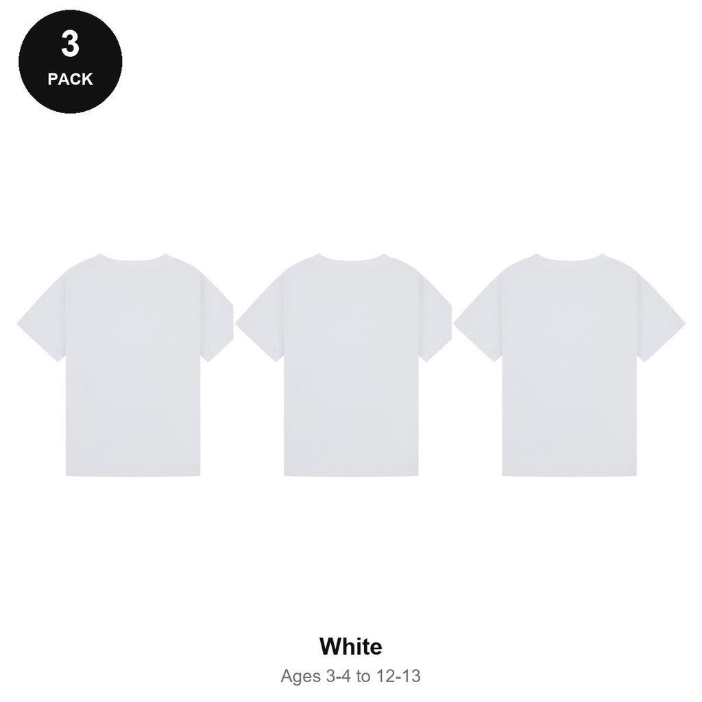 Kids Plain T-Shirts 3 Pack - 100% ringspun cotton 150gsm, Ages 3-13, School & PE - White