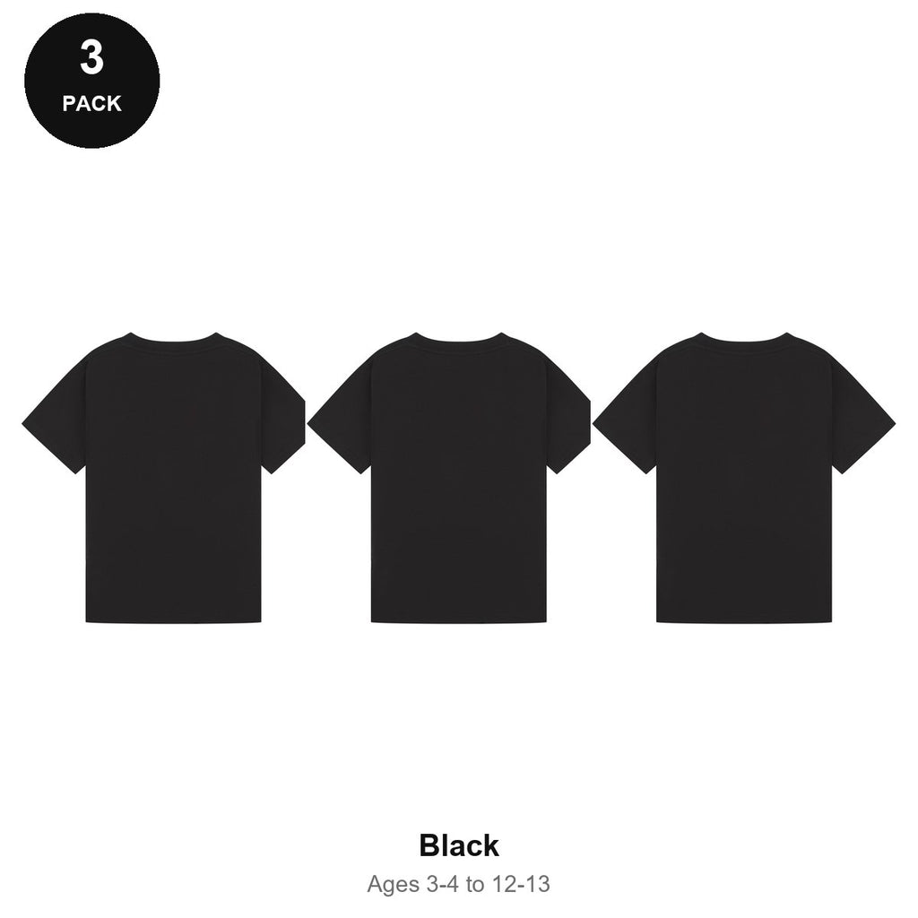 Kids Plain T-Shirts 3 Pack - 100% ringspun cotton 150gsm, Ages 3-13, School & PE - Black