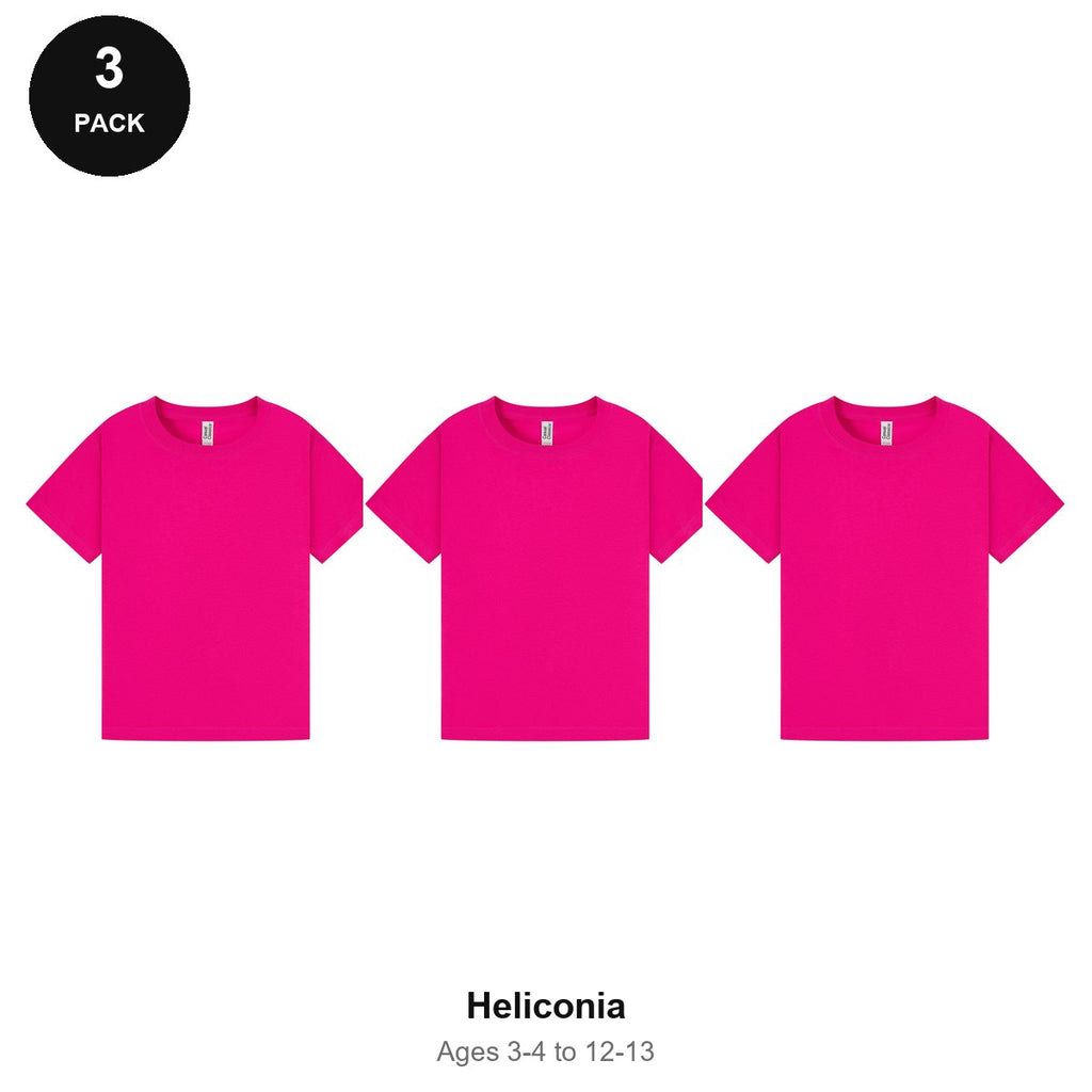 Kids Plain T-Shirts 3 Pack - 100% ringspun cotton 150gsm, Ages 3-13, School & PE - Heliconia