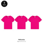 Kids Plain T-Shirts 3 Pack - 100% ringspun cotton 150gsm, Ages 3-13, School & PE - Heliconia