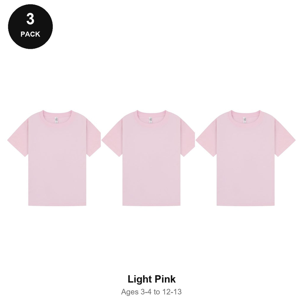 Kids Plain T-Shirts 3 Pack - 100% ringspun cotton 150gsm, Ages 3-13, School & PE - Light Pink