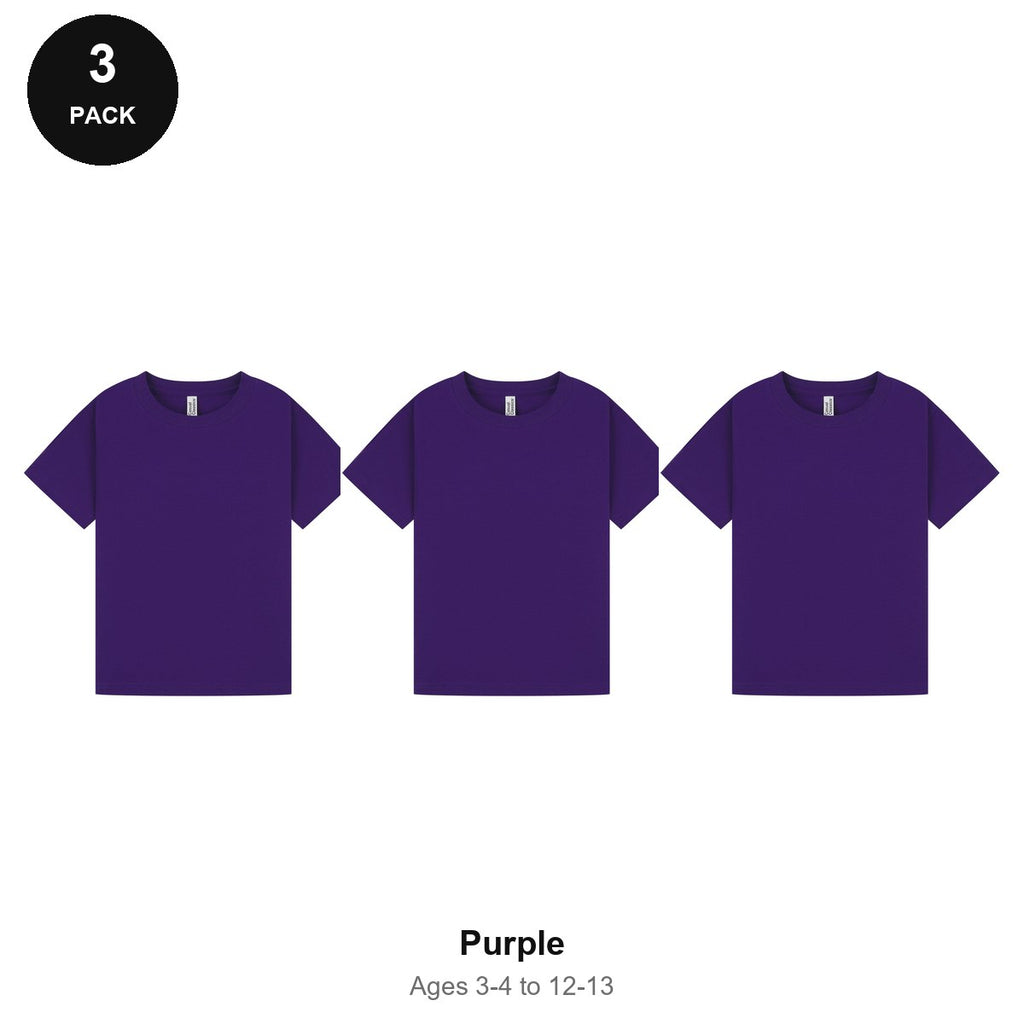Kids Plain T-Shirts 3 Pack - 100% ringspun cotton 150gsm, Ages 3-13, School & PE - Purple