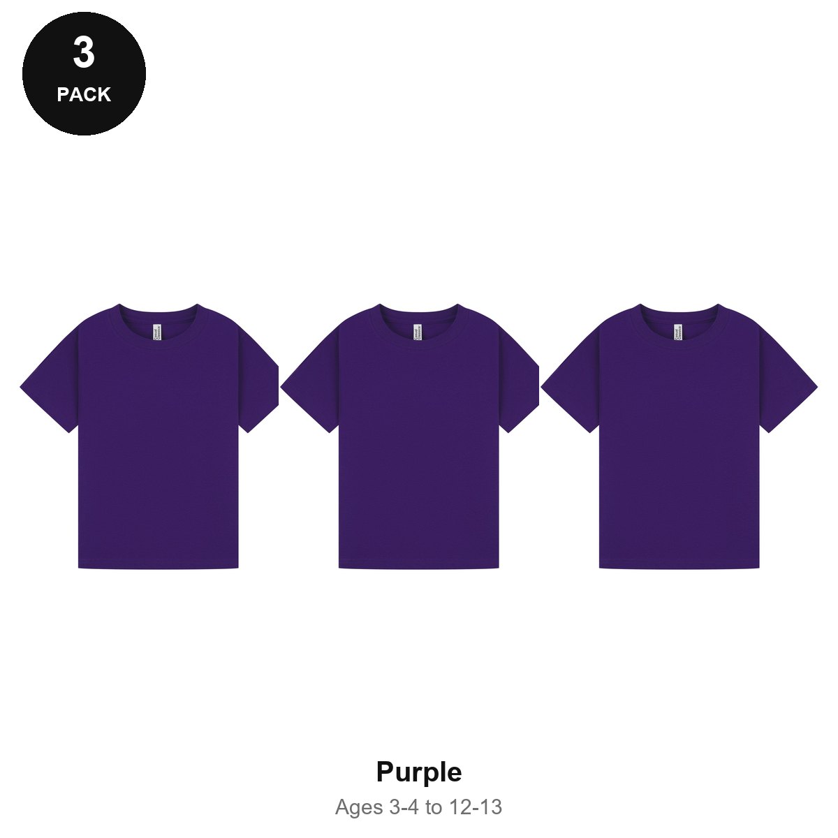Kids Plain T-Shirts 3 Pack - 100% ringspun cotton 150gsm, Ages 3-13, School & PE - Purple