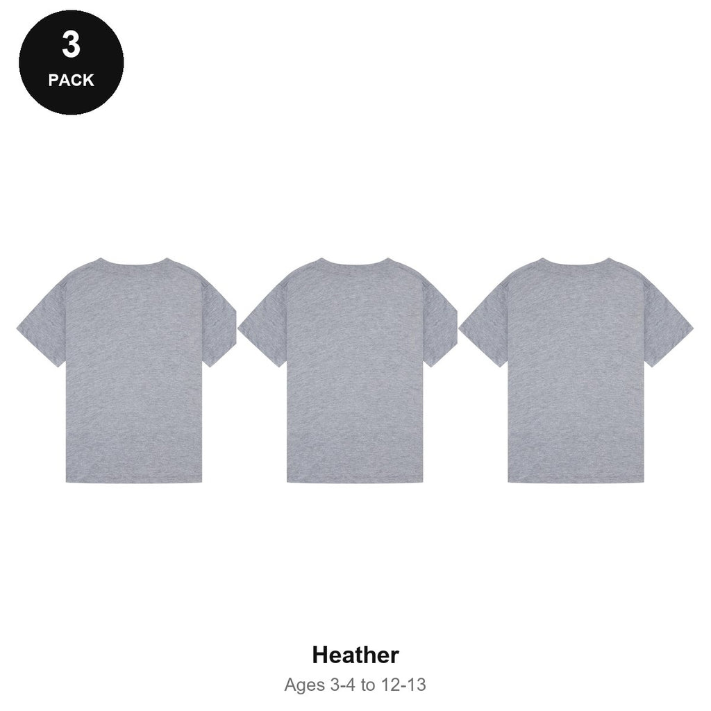 Kids Plain T-Shirts 3 Pack - 100% ringspun cotton 150gsm, Ages 3-13, School & PE - Heather